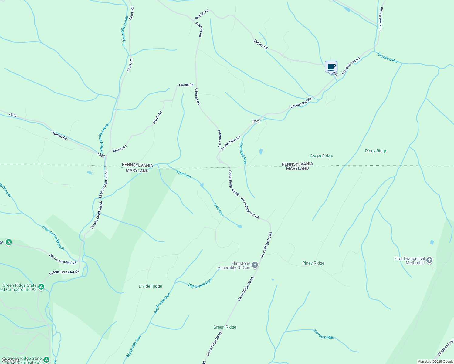 map of restaurants, bars, coffee shops, grocery stores, and more near 14101 Green Ridge Road Northeast in Flintstone