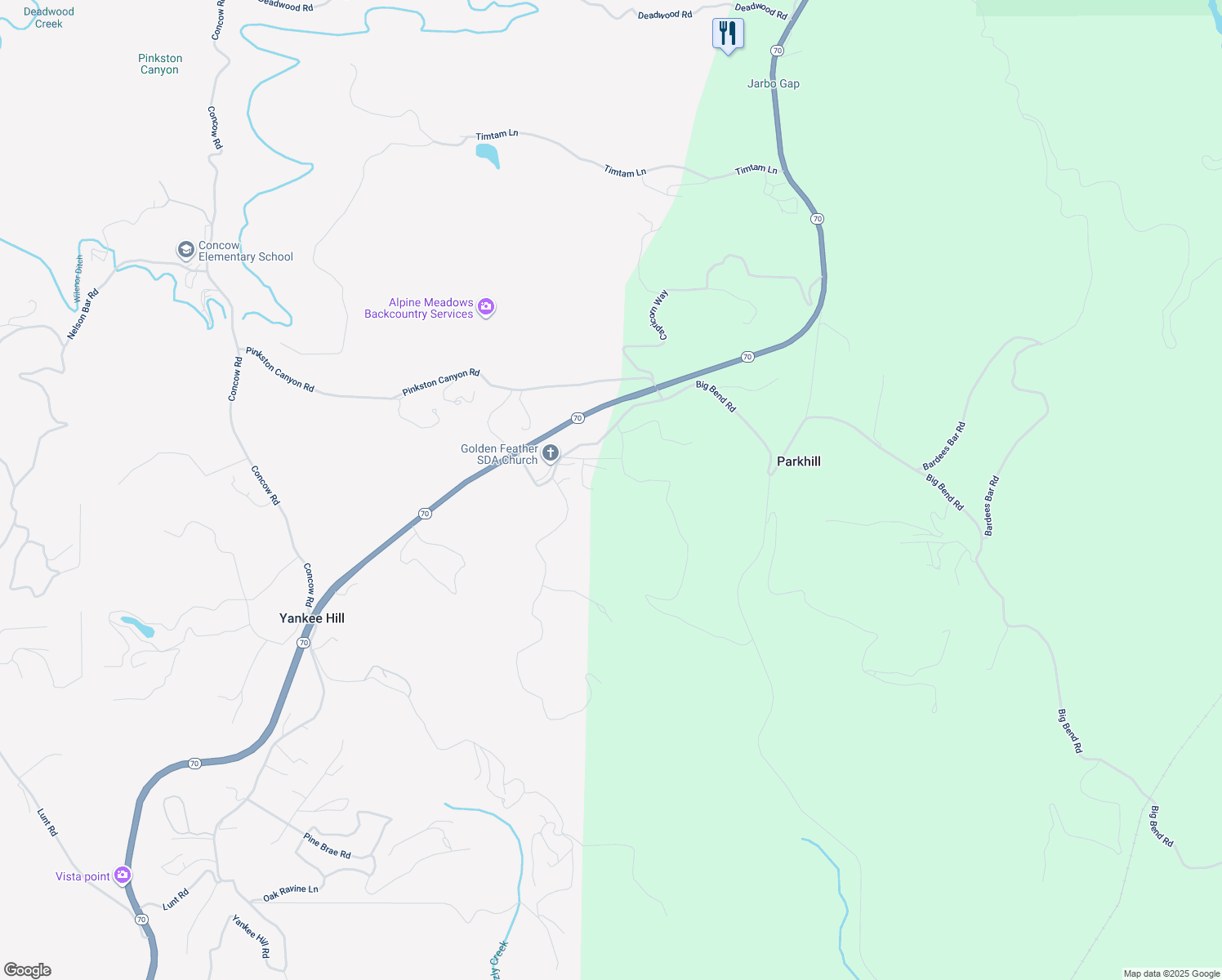 map of restaurants, bars, coffee shops, grocery stores, and more near 3971 Hard Times Lane in Oroville