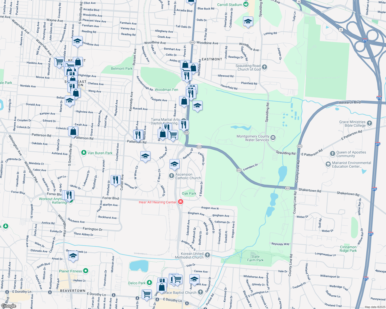 map of restaurants, bars, coffee shops, grocery stores, and more near 2208 Farmside Drive in Dayton