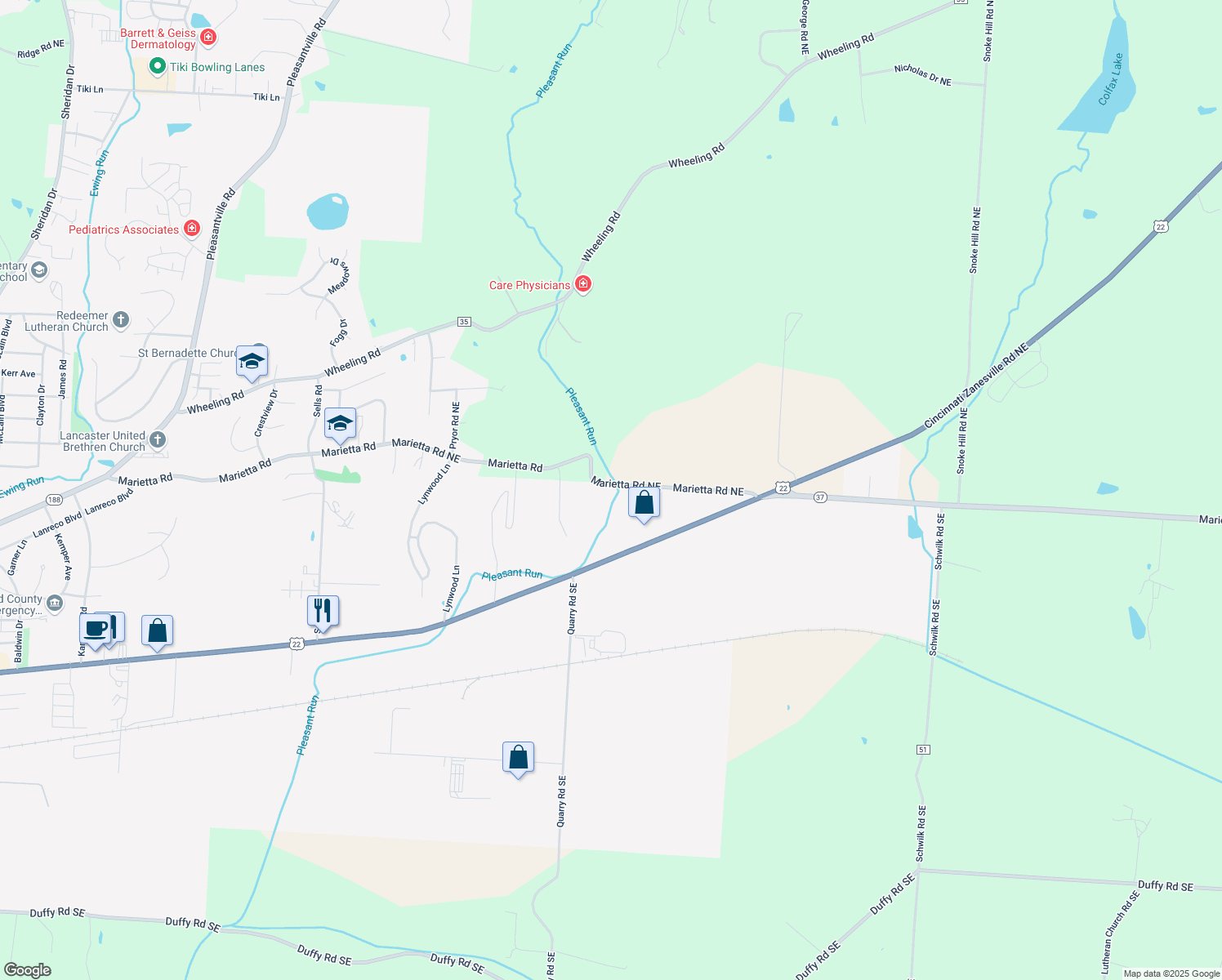 map of restaurants, bars, coffee shops, grocery stores, and more near 1930 Marietta Road in Lancaster