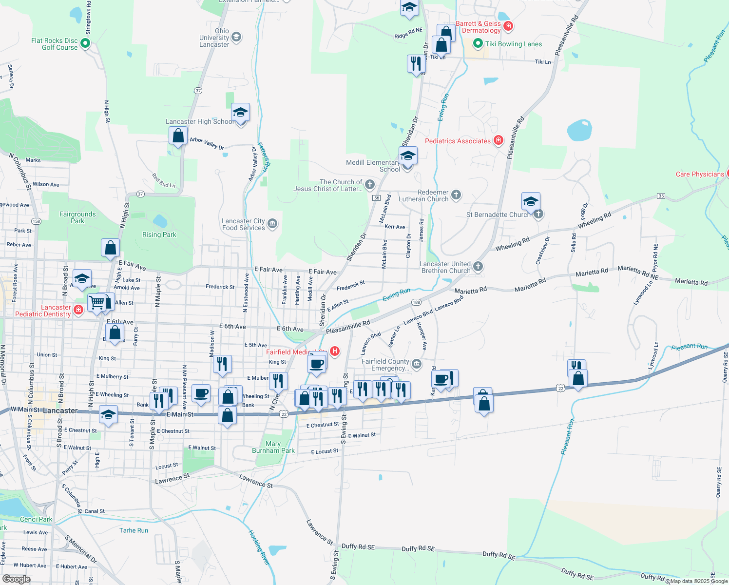 map of restaurants, bars, coffee shops, grocery stores, and more near 1313 East Allen Street in Lancaster