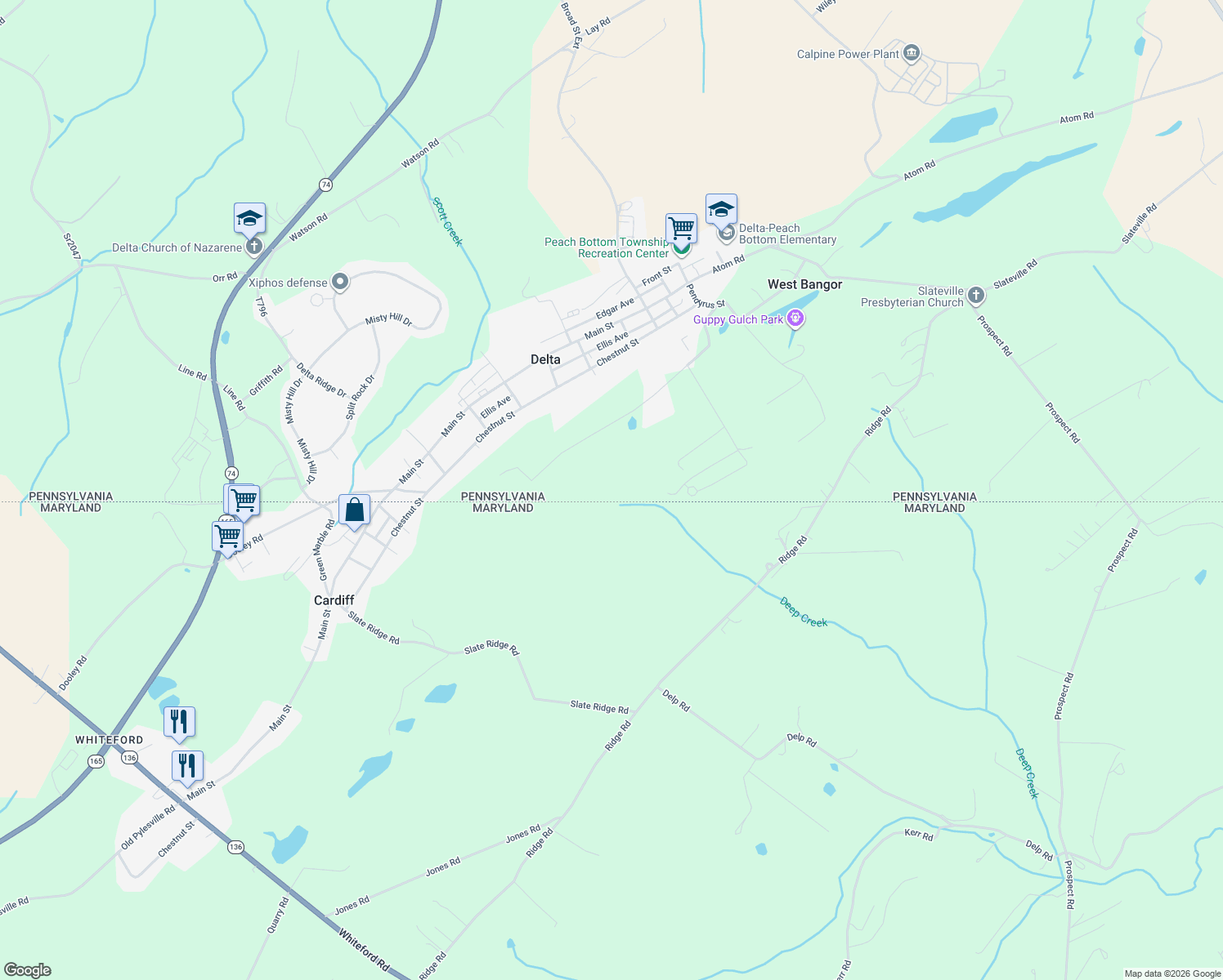 map of restaurants, bars, coffee shops, grocery stores, and more near 483 Quarry Road in Delta