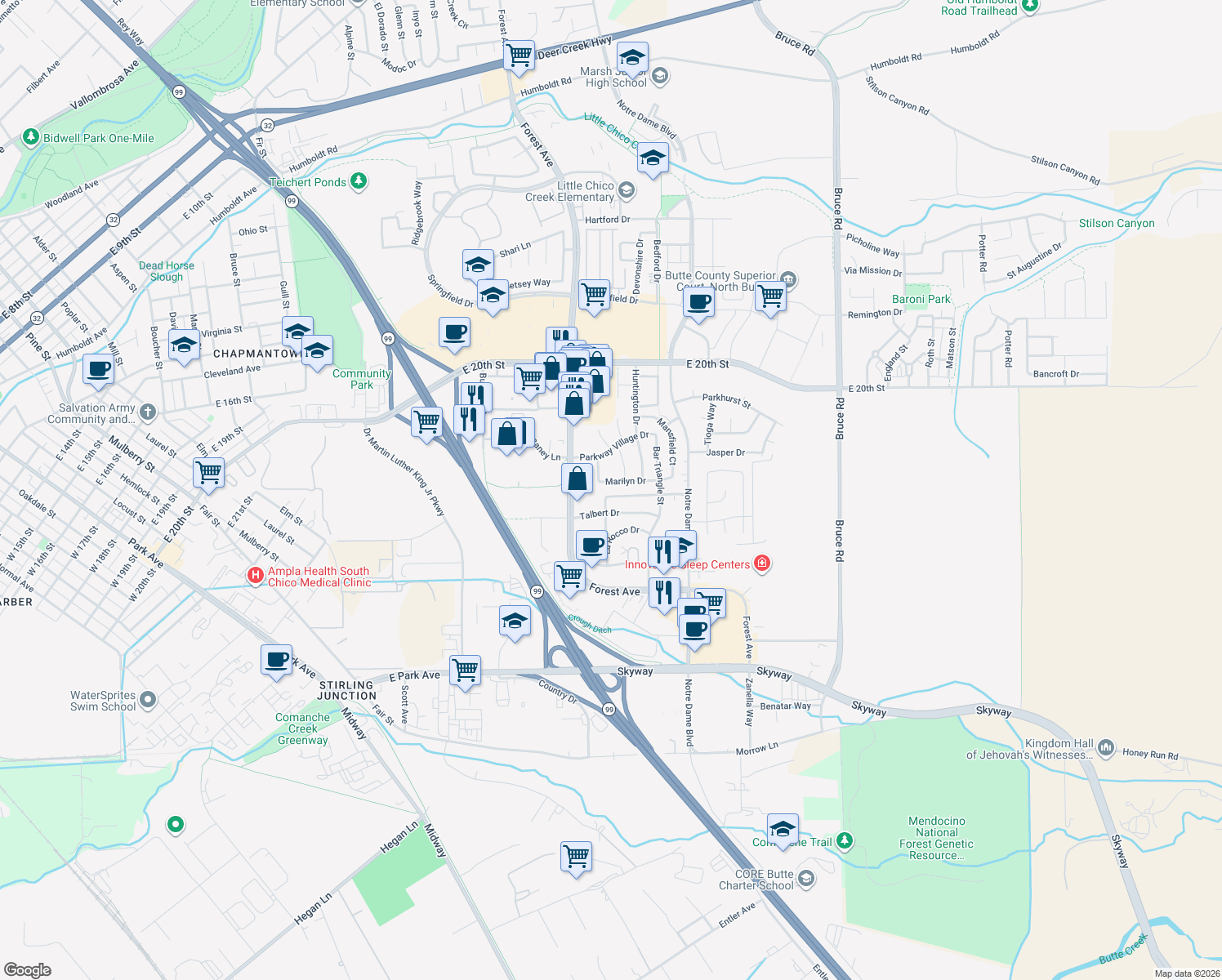 map of restaurants, bars, coffee shops, grocery stores, and more near 2175 Robailey Drive in Chico