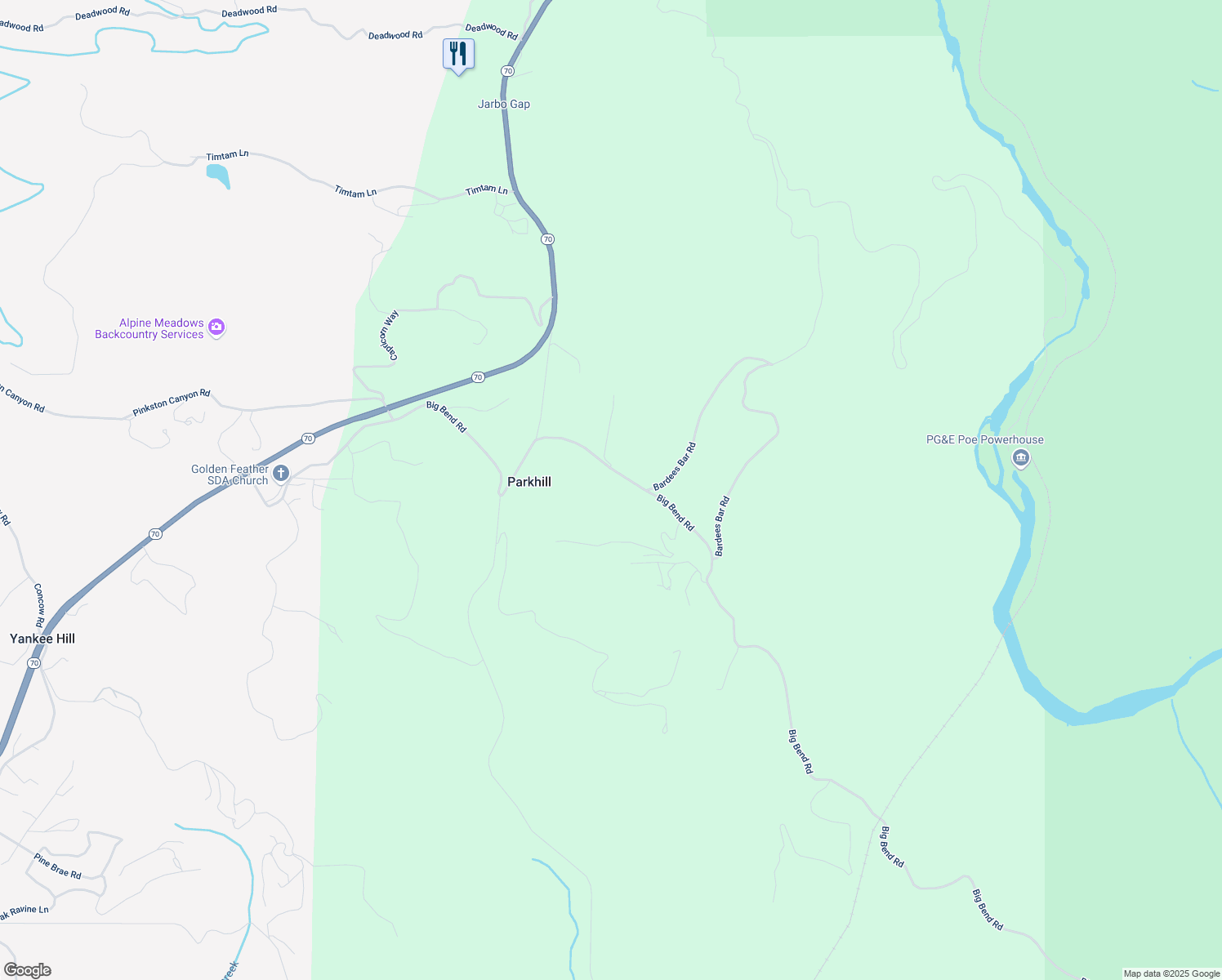 map of restaurants, bars, coffee shops, grocery stores, and more near 4320 Big Bend Road in Oroville