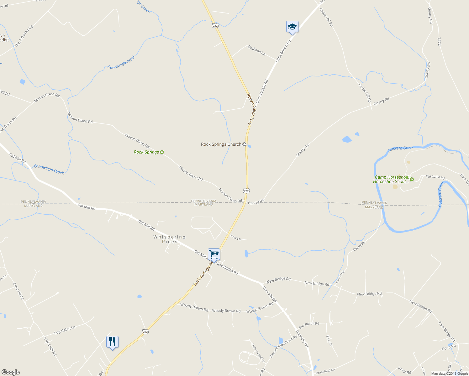 map of restaurants, bars, coffee shops, grocery stores, and more near 2680 Robert Fulton Highway in Peach Bottom