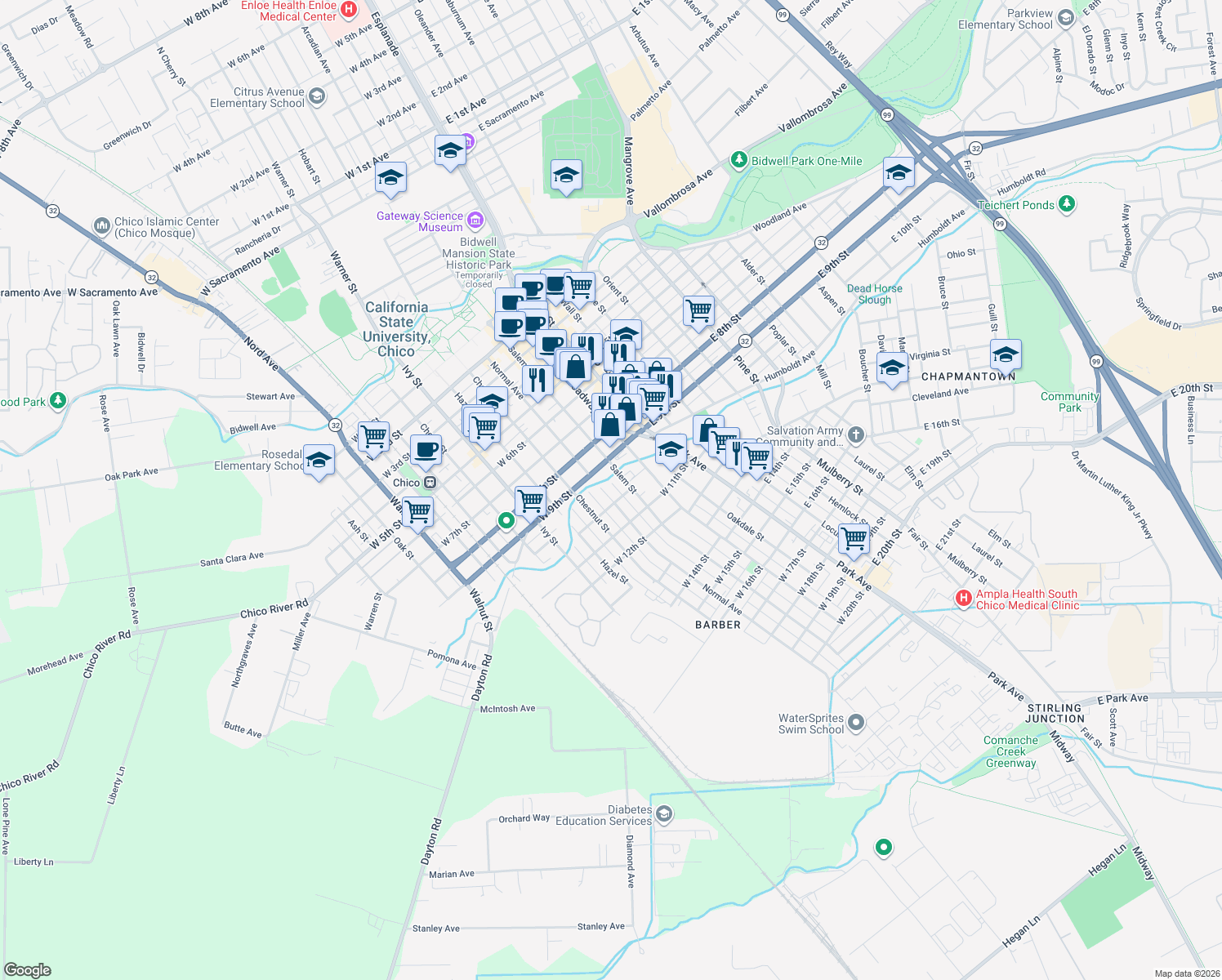 map of restaurants, bars, coffee shops, grocery stores, and more near 955 Normal Avenue in Chico