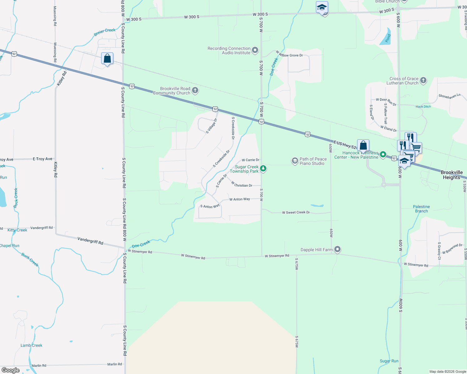 map of restaurants, bars, coffee shops, grocery stores, and more near 7197 West Christian Drive in New Palestine