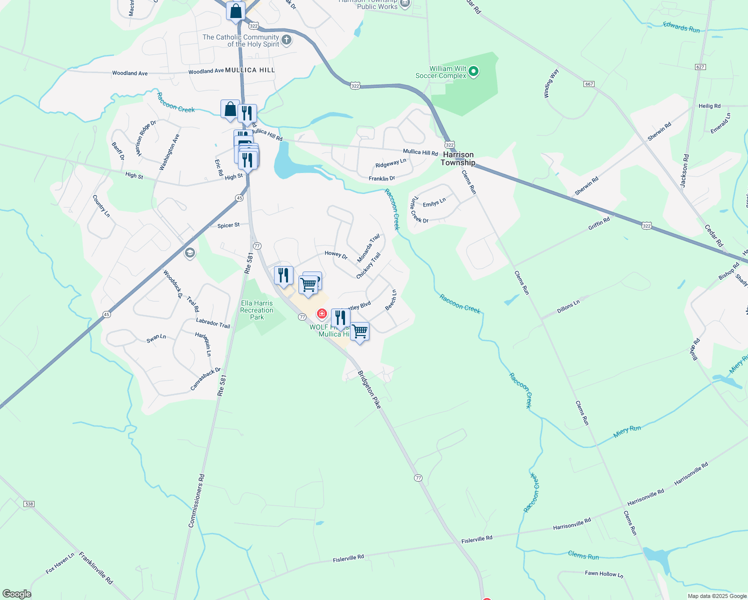 map of restaurants, bars, coffee shops, grocery stores, and more near 103 Wheatley Boulevard in Harrison Township