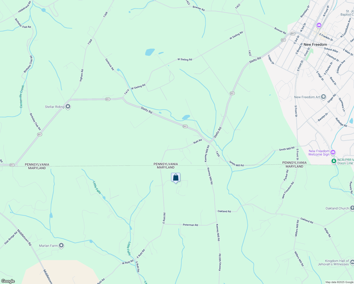 map of restaurants, bars, coffee shops, grocery stores, and more near 3482 Ruhl Road in New Freedom