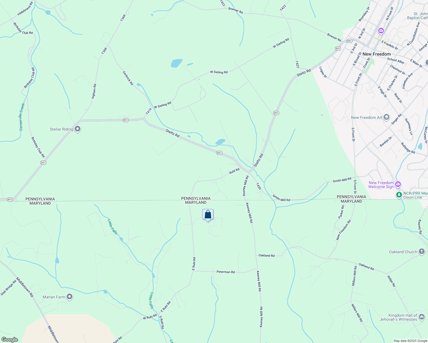 map of restaurants, bars, coffee shops, grocery stores, and more near 3438 Ruhl Road in New Freedom