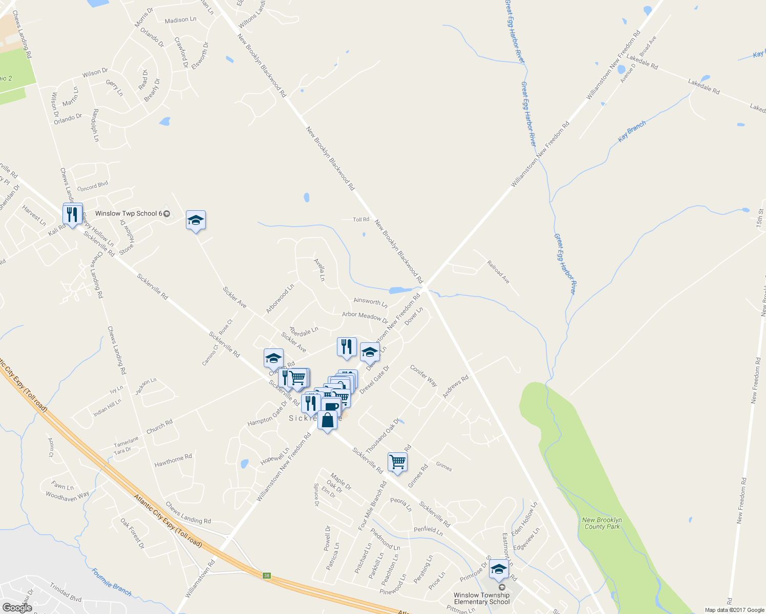 map of restaurants, bars, coffee shops, grocery stores, and more near 11 Ainsworth Lane in Sicklerville