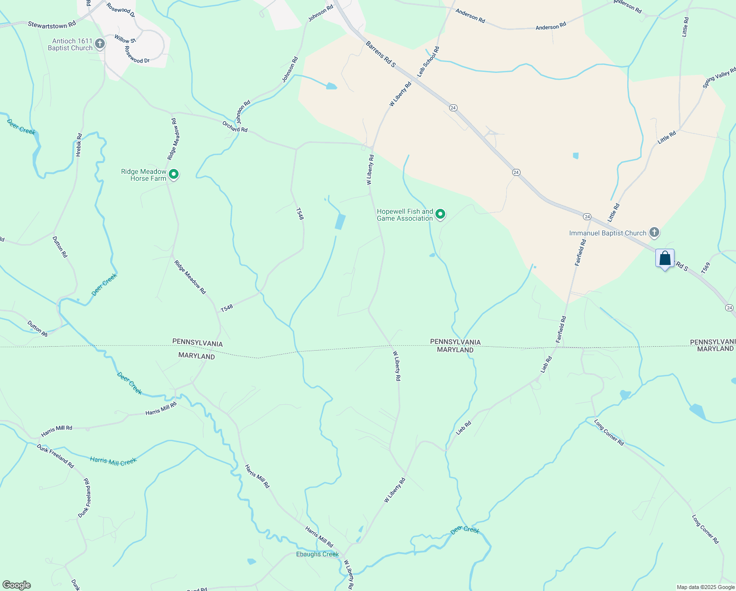 map of restaurants, bars, coffee shops, grocery stores, and more near 16914 West Liberty Road in Stewartstown