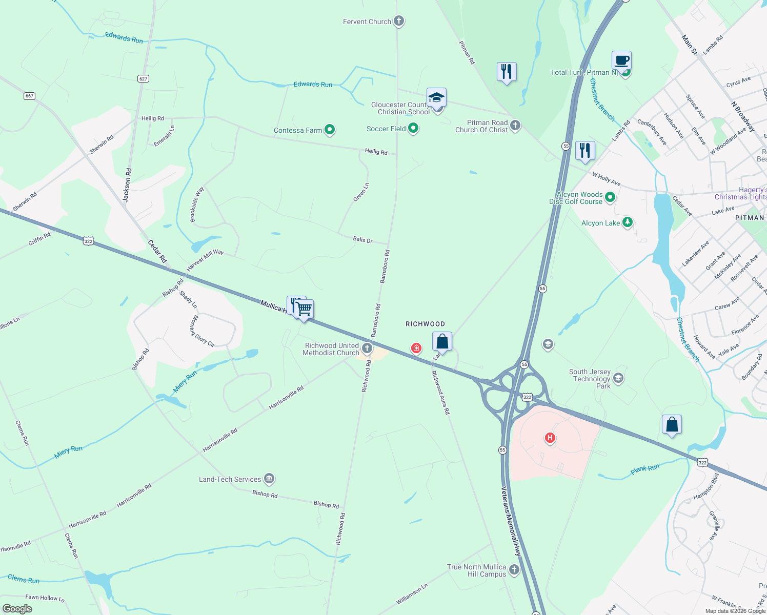 map of restaurants, bars, coffee shops, grocery stores, and more near 737 Barnsboro Road in Harrison Township