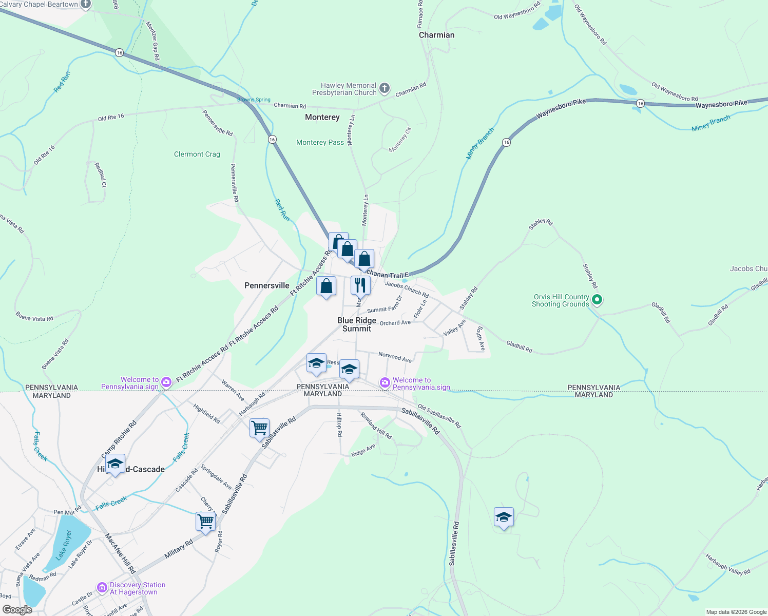 map of restaurants, bars, coffee shops, grocery stores, and more near 15365 Summit Farm Drive in Blue Ridge Summit
