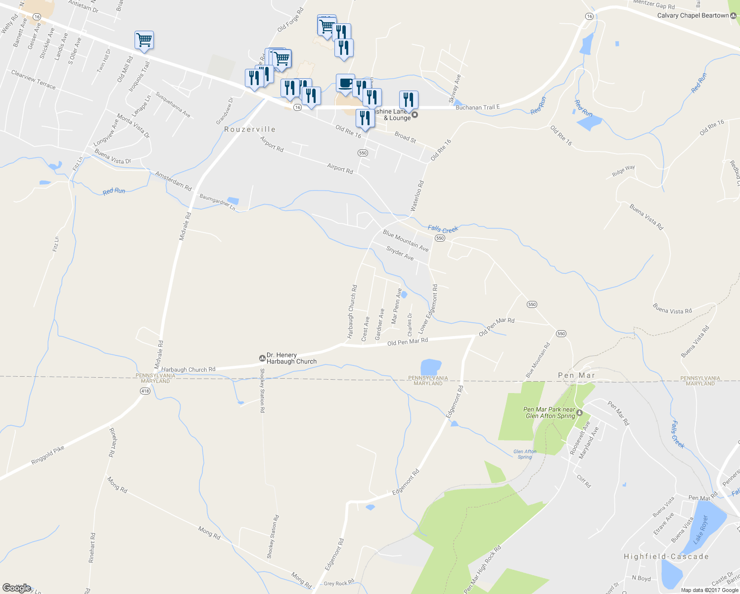 map of restaurants, bars, coffee shops, grocery stores, and more near 13971 Crest Avenue in Waynesboro