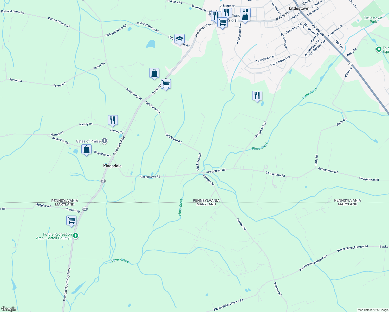 map of restaurants, bars, coffee shops, grocery stores, and more near 393 Ulricktown Road in Littlestown