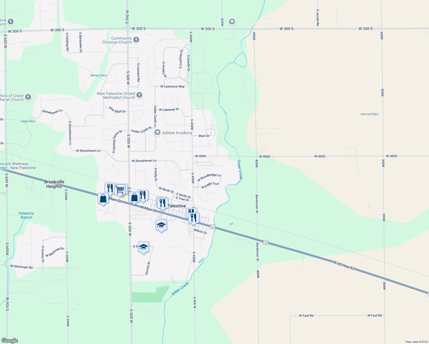 map of restaurants, bars, coffee shops, grocery stores, and more near 4330 West Woodbridge Lane in New Palestine