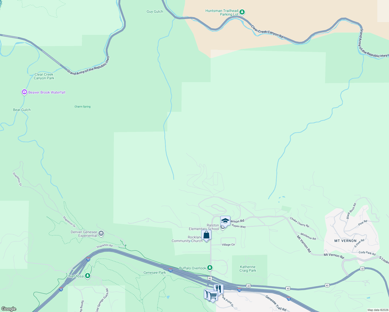 map of restaurants, bars, coffee shops, grocery stores, and more near 650 Range View Trail in Golden