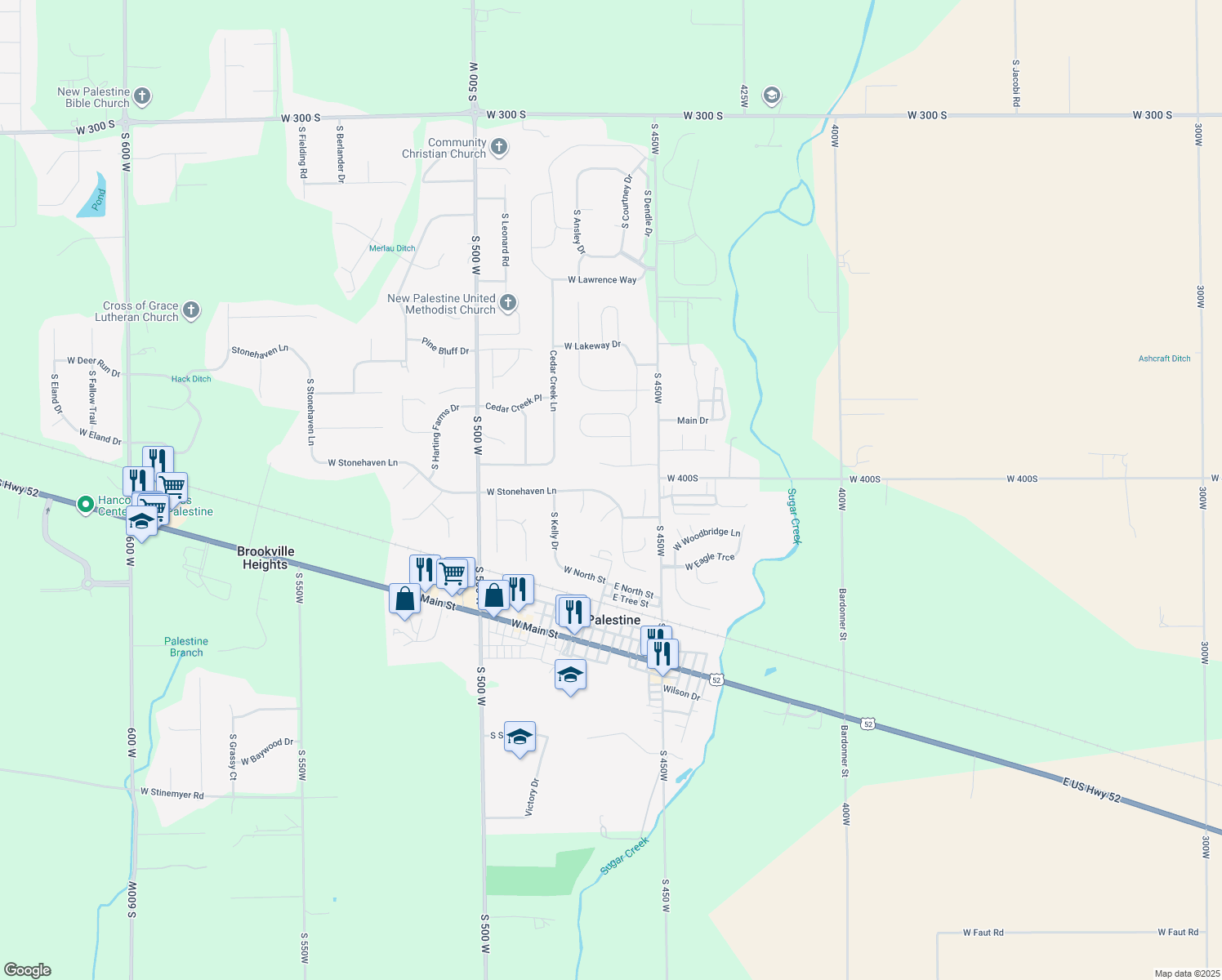 map of restaurants, bars, coffee shops, grocery stores, and more near 4638 West Stonehaven Lane in New Palestine