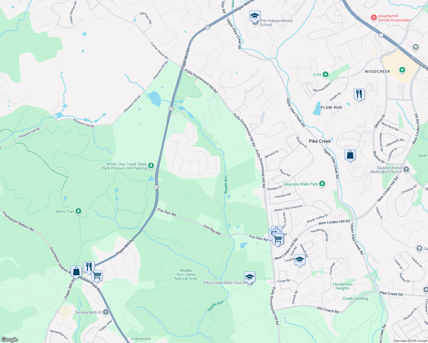 map of restaurants, bars, coffee shops, grocery stores, and more near 208 Robin Redbreast Road in Newark
