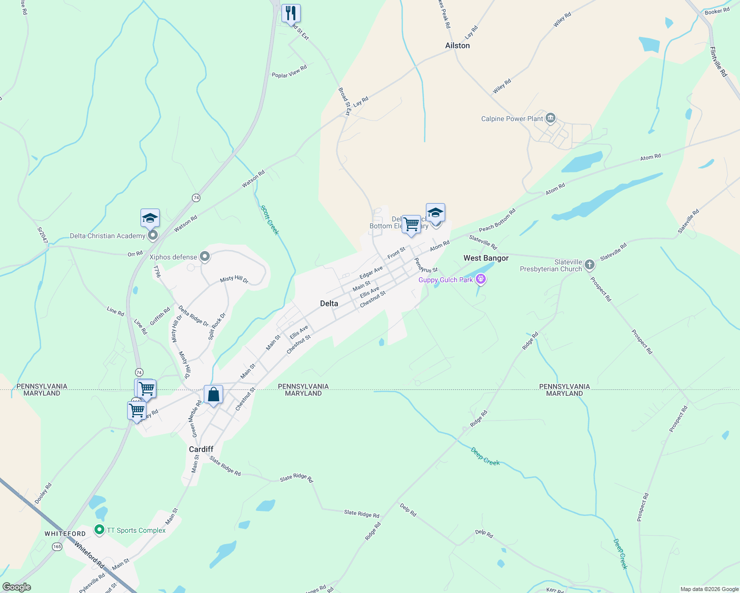 map of restaurants, bars, coffee shops, grocery stores, and more near 713 Chestnut St in Delta