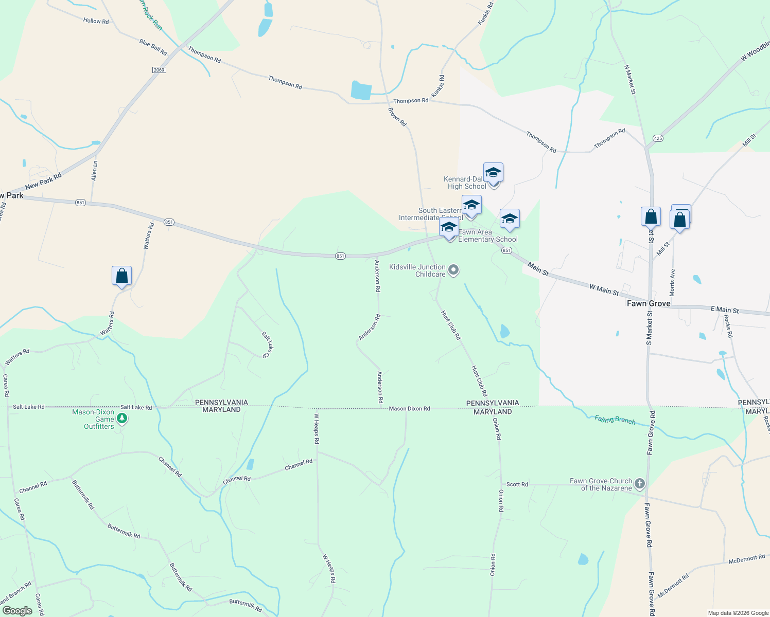 map of restaurants, bars, coffee shops, grocery stores, and more near 127 Anderson Road in Fawn Grove