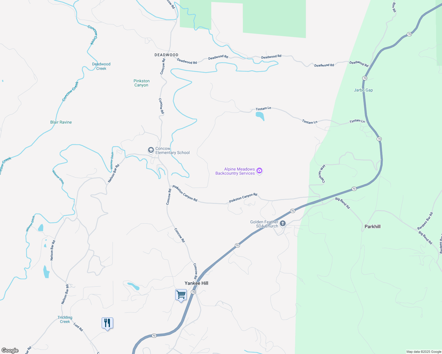 map of restaurants, bars, coffee shops, grocery stores, and more near Miller Peak Road in Concow