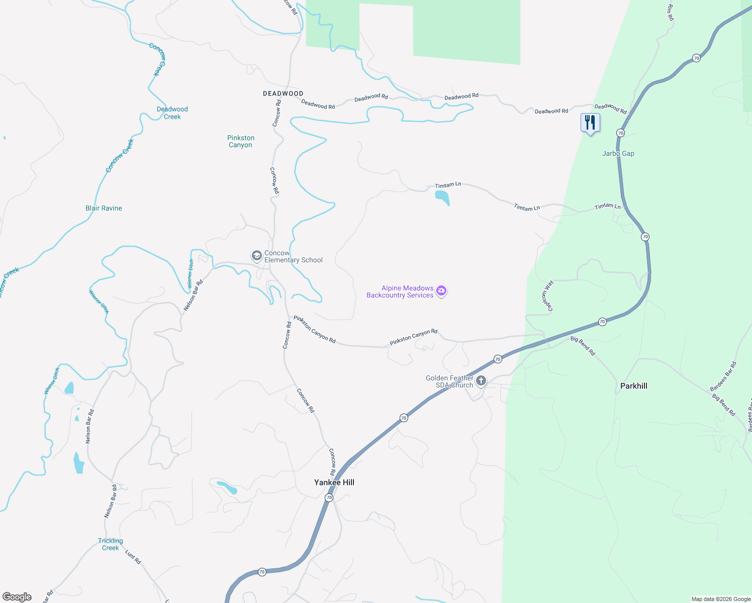 map of restaurants, bars, coffee shops, grocery stores, and more near in Concow
