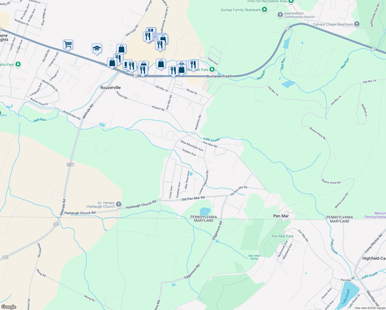 map of restaurants, bars, coffee shops, grocery stores, and more near 12222 Snyder Avenue in Waynesboro