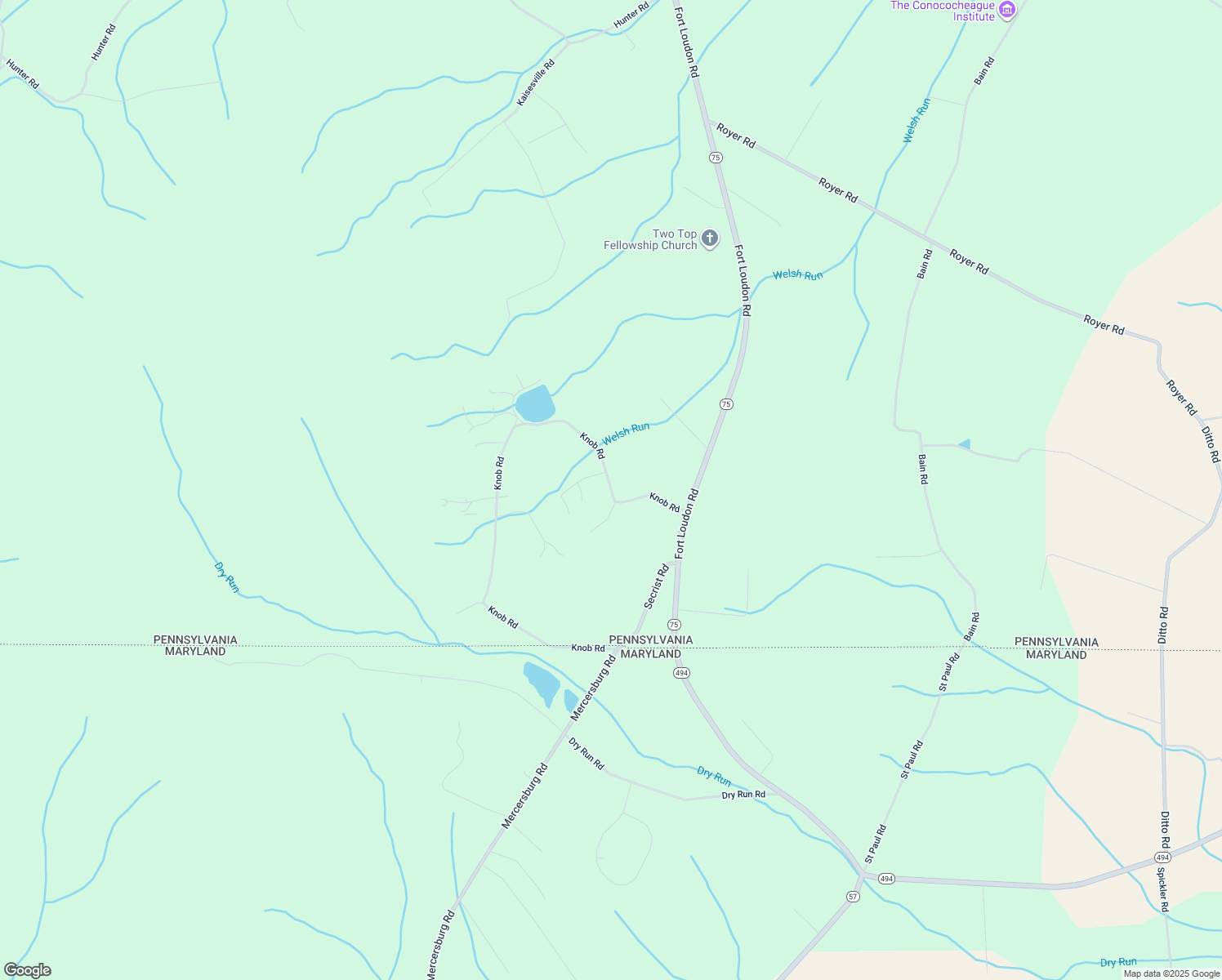 map of restaurants, bars, coffee shops, grocery stores, and more near 10320 Knob Road in Mercersburg