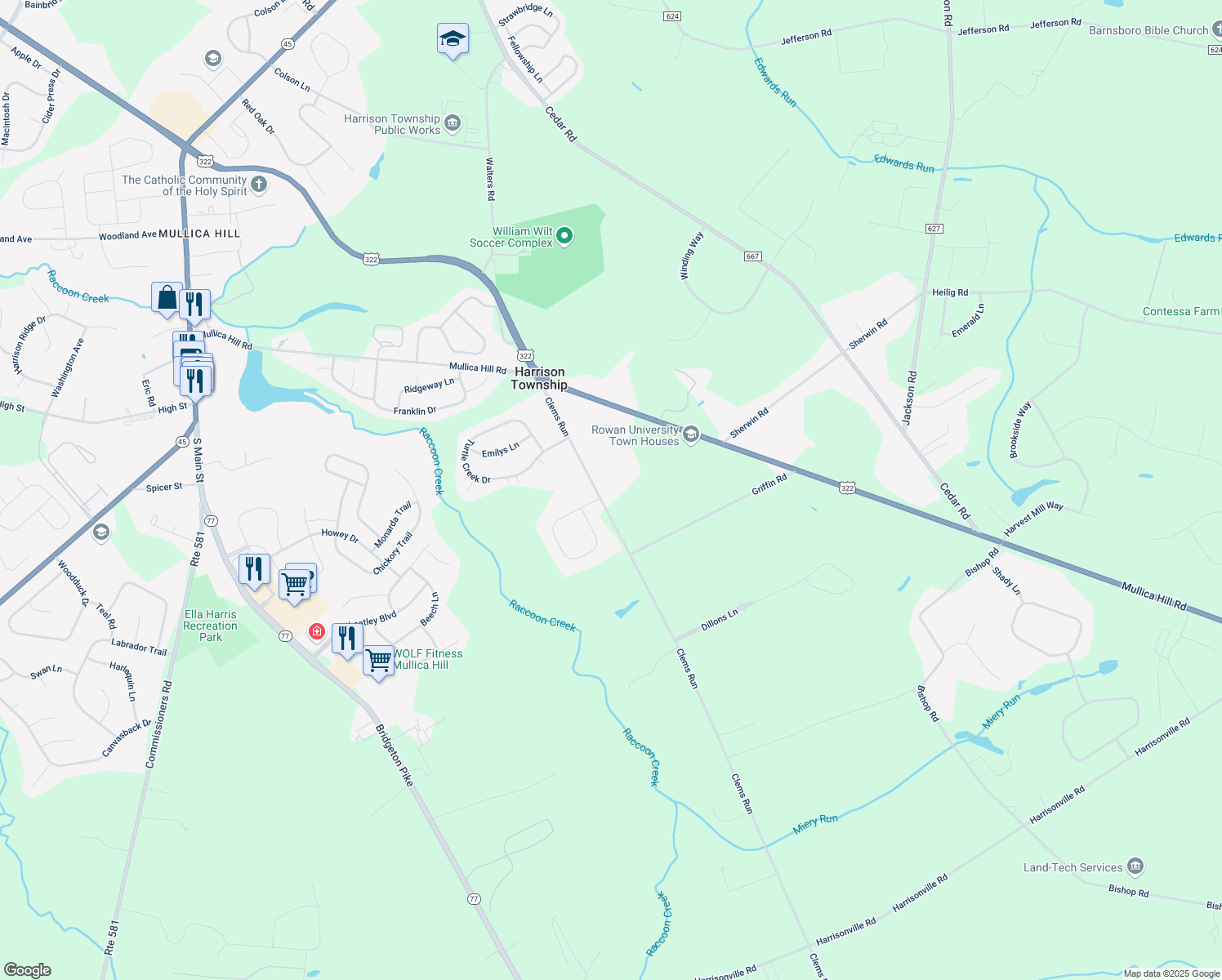 map of restaurants, bars, coffee shops, grocery stores, and more near 139 Clems Run in Harrison Township