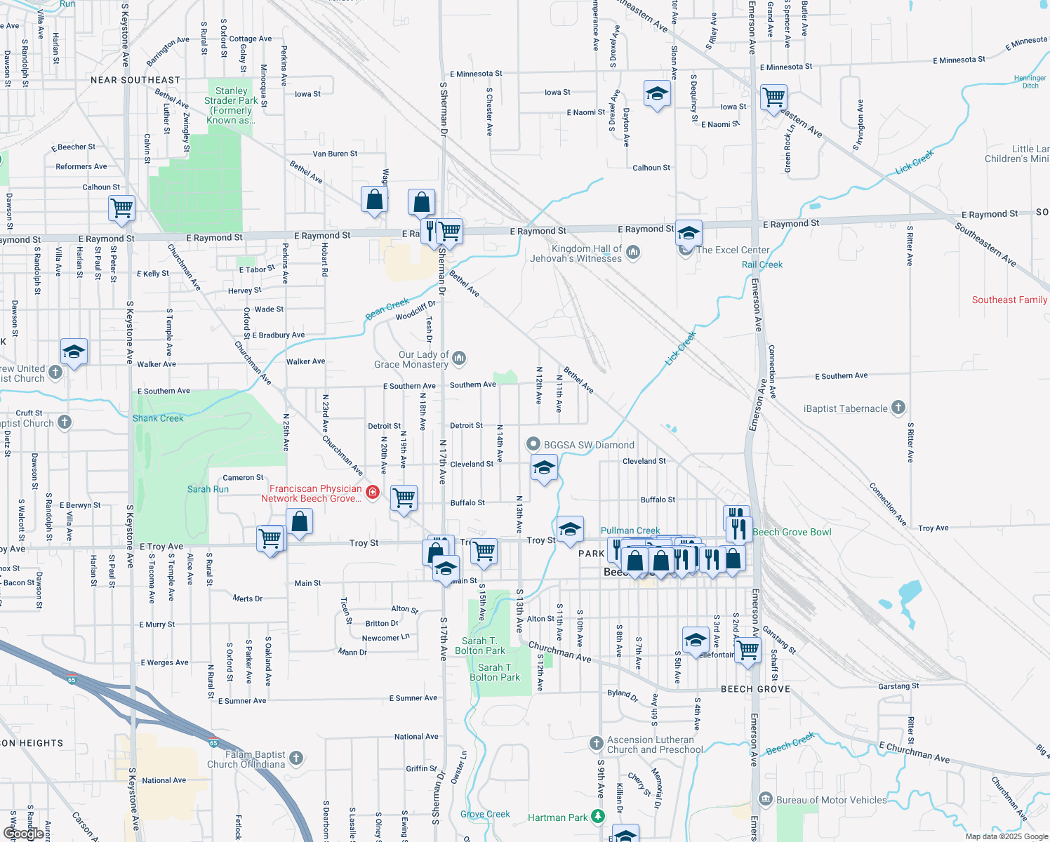 map of restaurants, bars, coffee shops, grocery stores, and more near 401 N 13th Ave in Beech Grove