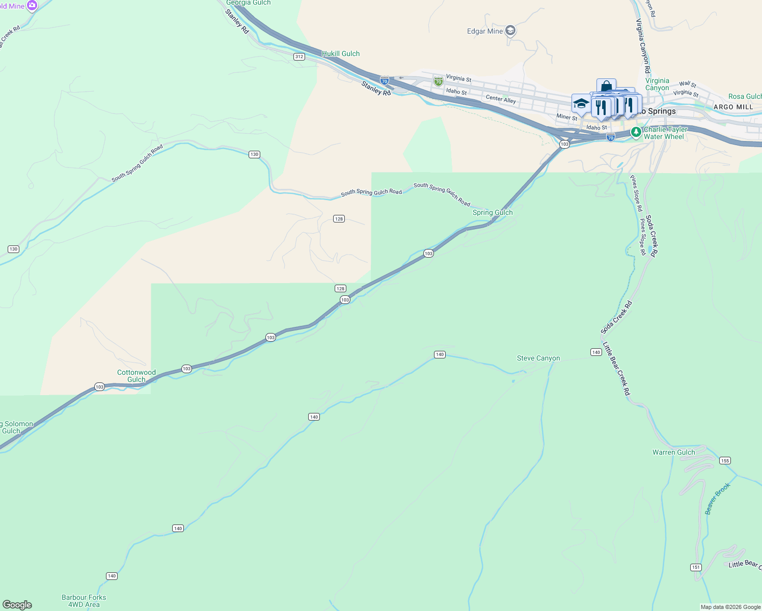 map of restaurants, bars, coffee shops, grocery stores, and more near 2273 Soda Creek Road in Idaho Springs