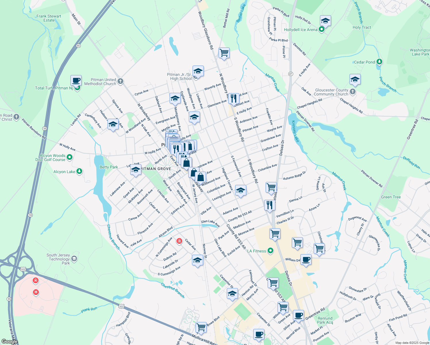 map of restaurants, bars, coffee shops, grocery stores, and more near 141 Crafton Avenue in Pitman