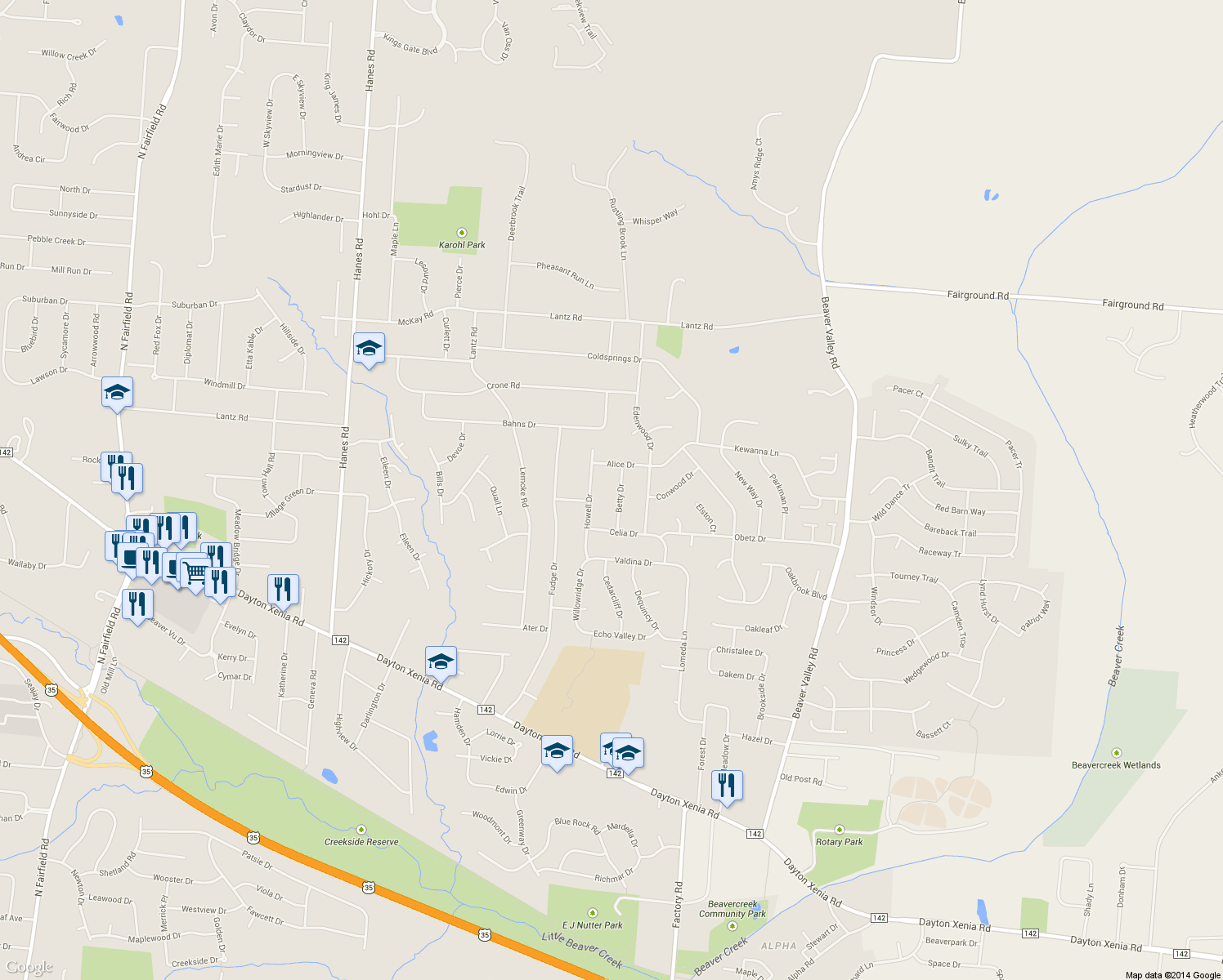 map of restaurants, bars, coffee shops, grocery stores, and more near 1447 Betty Dr in Beavercreek