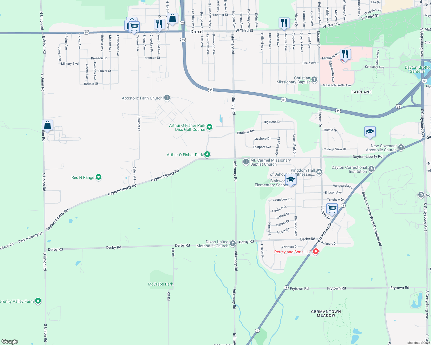 map of restaurants, bars, coffee shops, grocery stores, and more near 5552 Glenmeadow Drive in Dayton