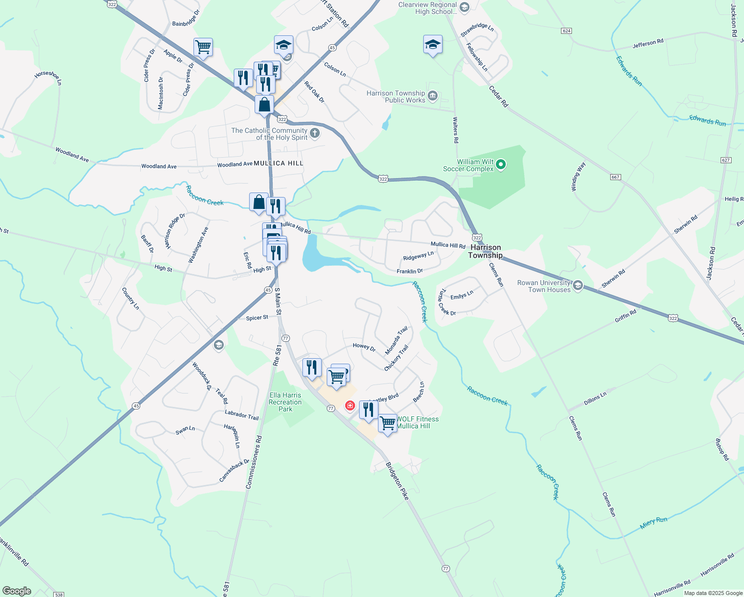 map of restaurants, bars, coffee shops, grocery stores, and more near 448 Woodruff Trail in Mullica Hill