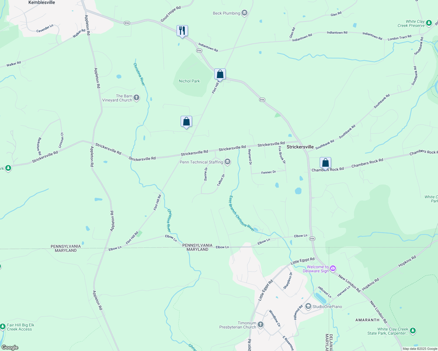 map of restaurants, bars, coffee shops, grocery stores, and more near 122 Talbot Drive in Landenberg