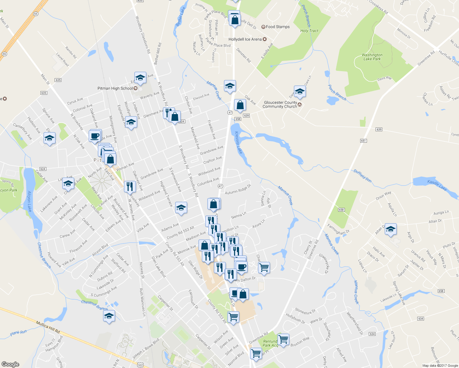 map of restaurants, bars, coffee shops, grocery stores, and more near 11 Autumn Ridge Drive in Glassboro
