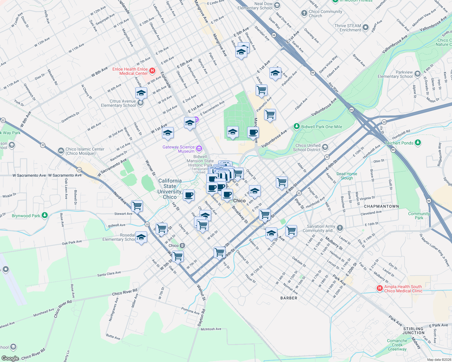 map of restaurants, bars, coffee shops, grocery stores, and more near 201 Main Street in Chico