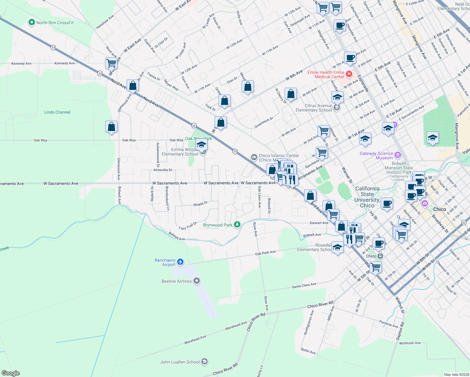 map of restaurants, bars, coffee shops, grocery stores, and more near 875 Ashbury Court in Chico