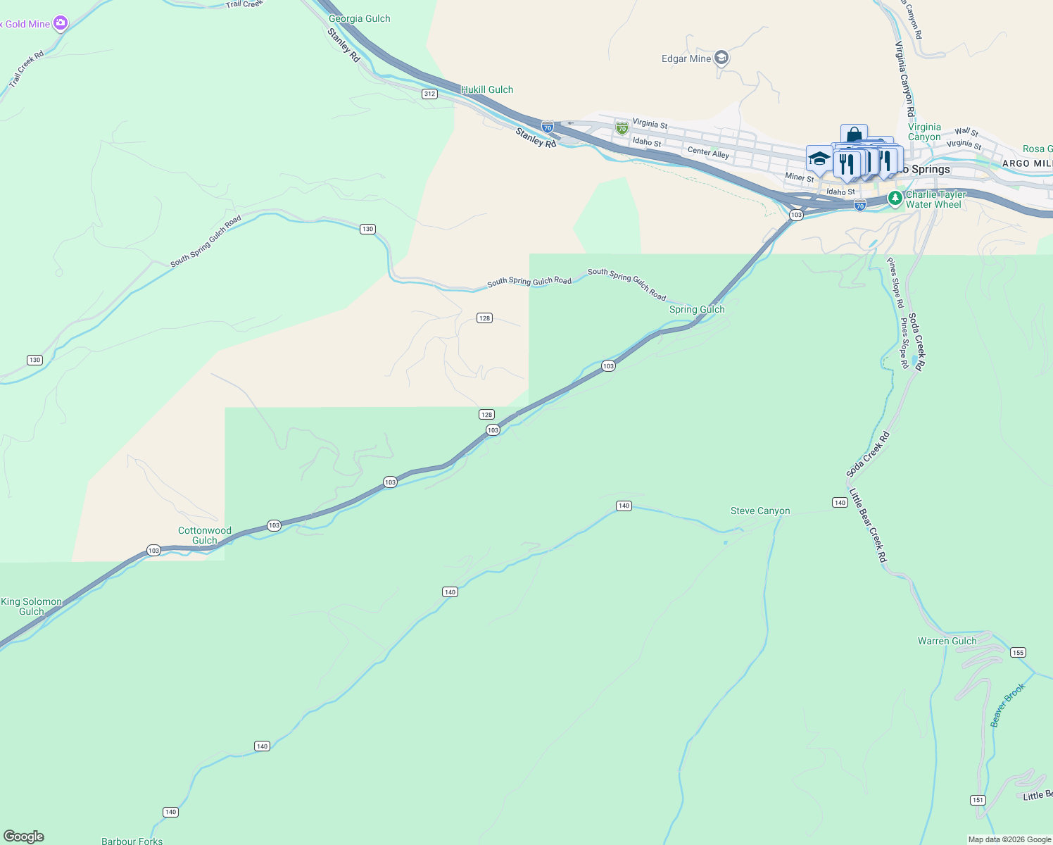 map of restaurants, bars, coffee shops, grocery stores, and more near 2273 Soda Creek Road in Idaho Springs