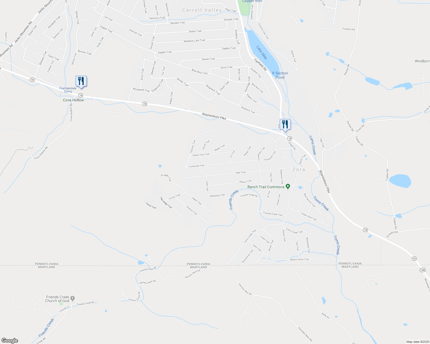 map of restaurants, bars, coffee shops, grocery stores, and more near 68 Mile Trail in Fairfield