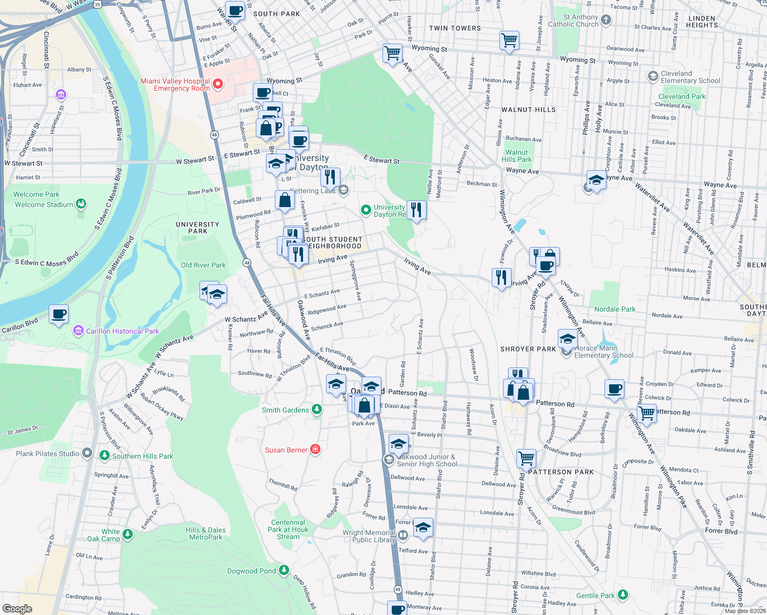 map of restaurants, bars, coffee shops, grocery stores, and more near 451 Schenck Ave in Dayton