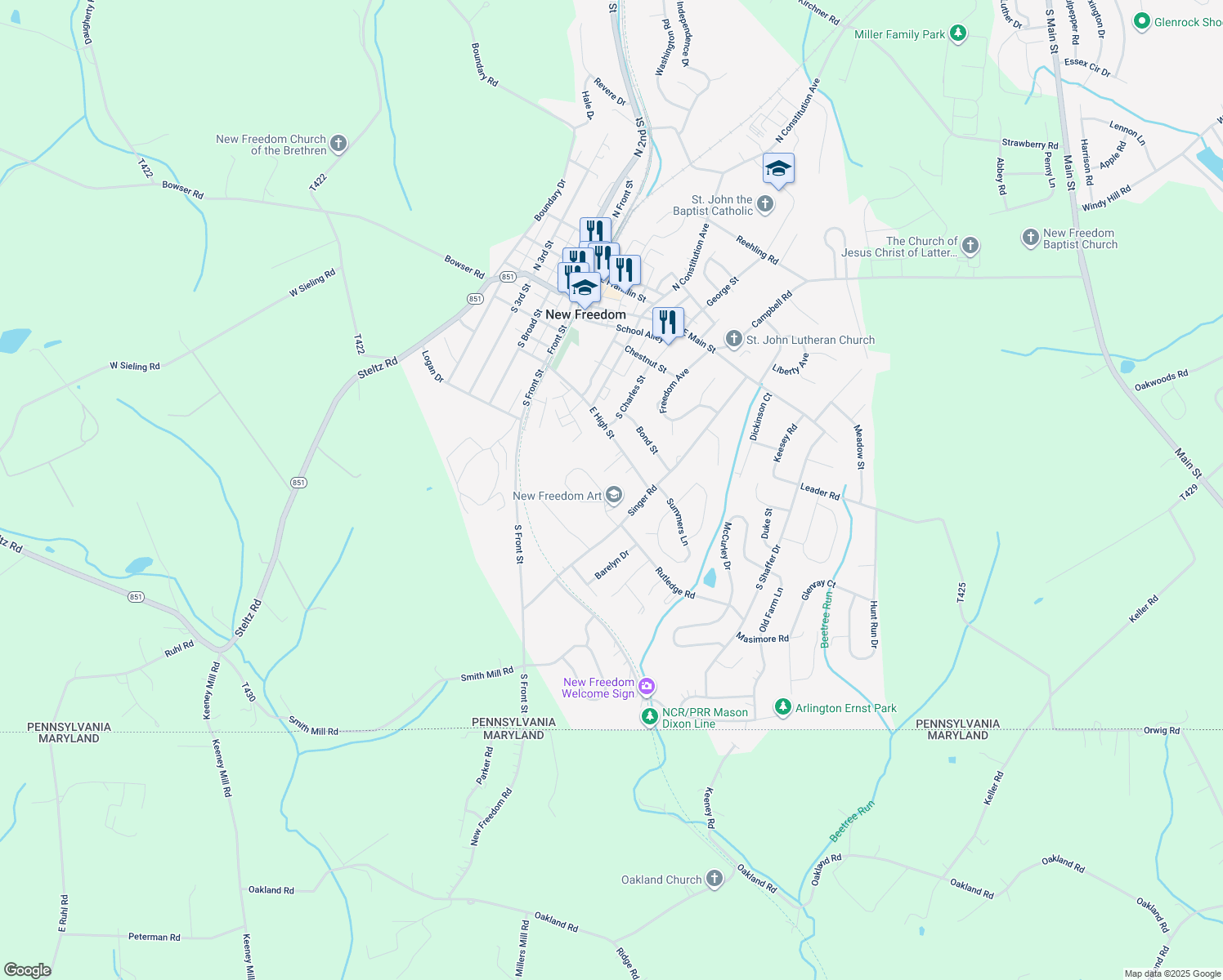 map of restaurants, bars, coffee shops, grocery stores, and more near 2238 Bailey Ave in New Freedom