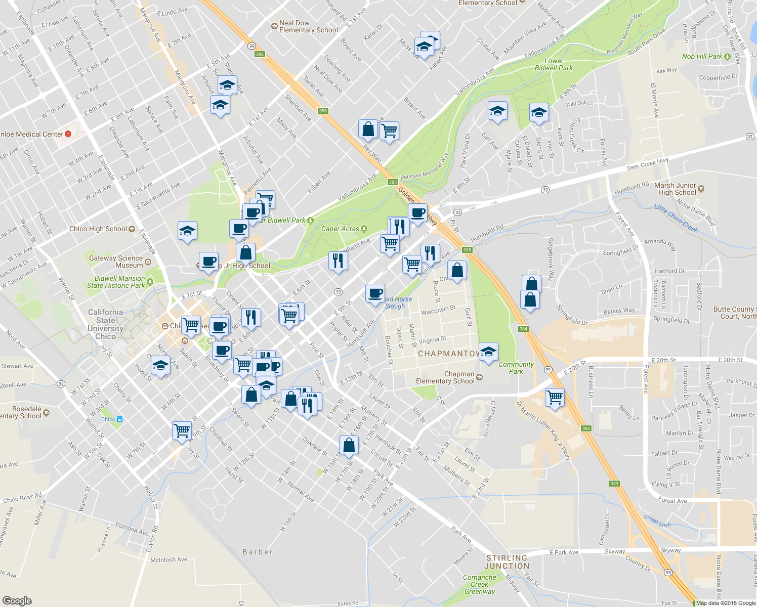 map of restaurants, bars, coffee shops, grocery stores, and more near 1022 Linden Street in Chico
