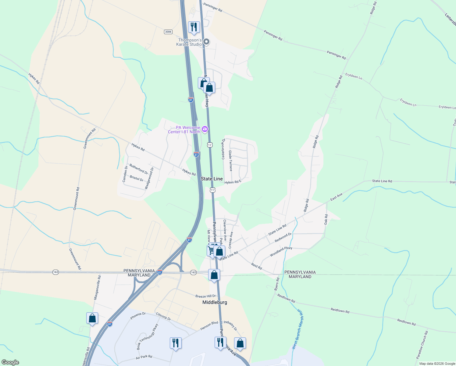 map of restaurants, bars, coffee shops, grocery stores, and more near 110 Hykes Road East in Greencastle