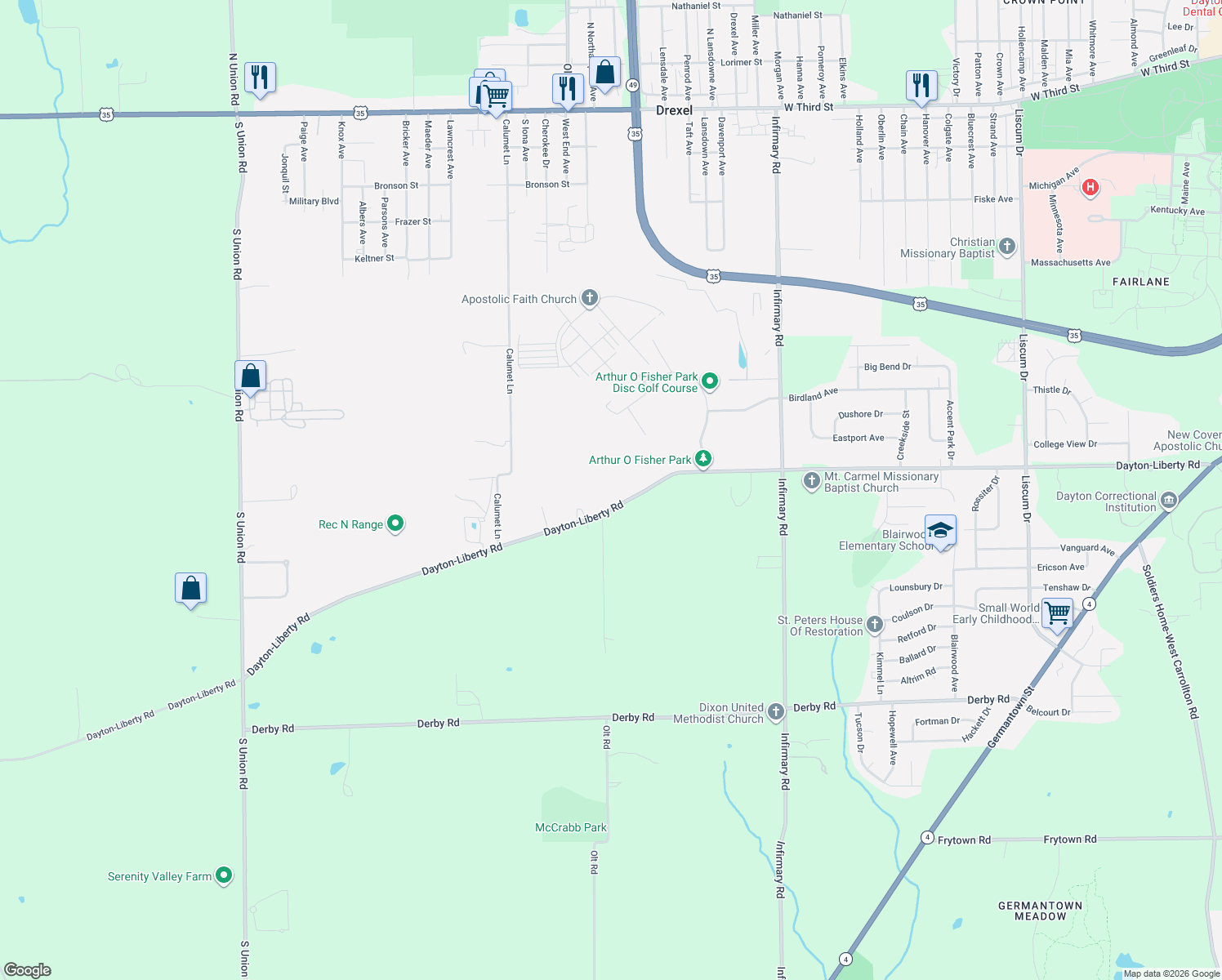 map of restaurants, bars, coffee shops, grocery stores, and more near 5925 Dayton-Liberty Rd in Dayton