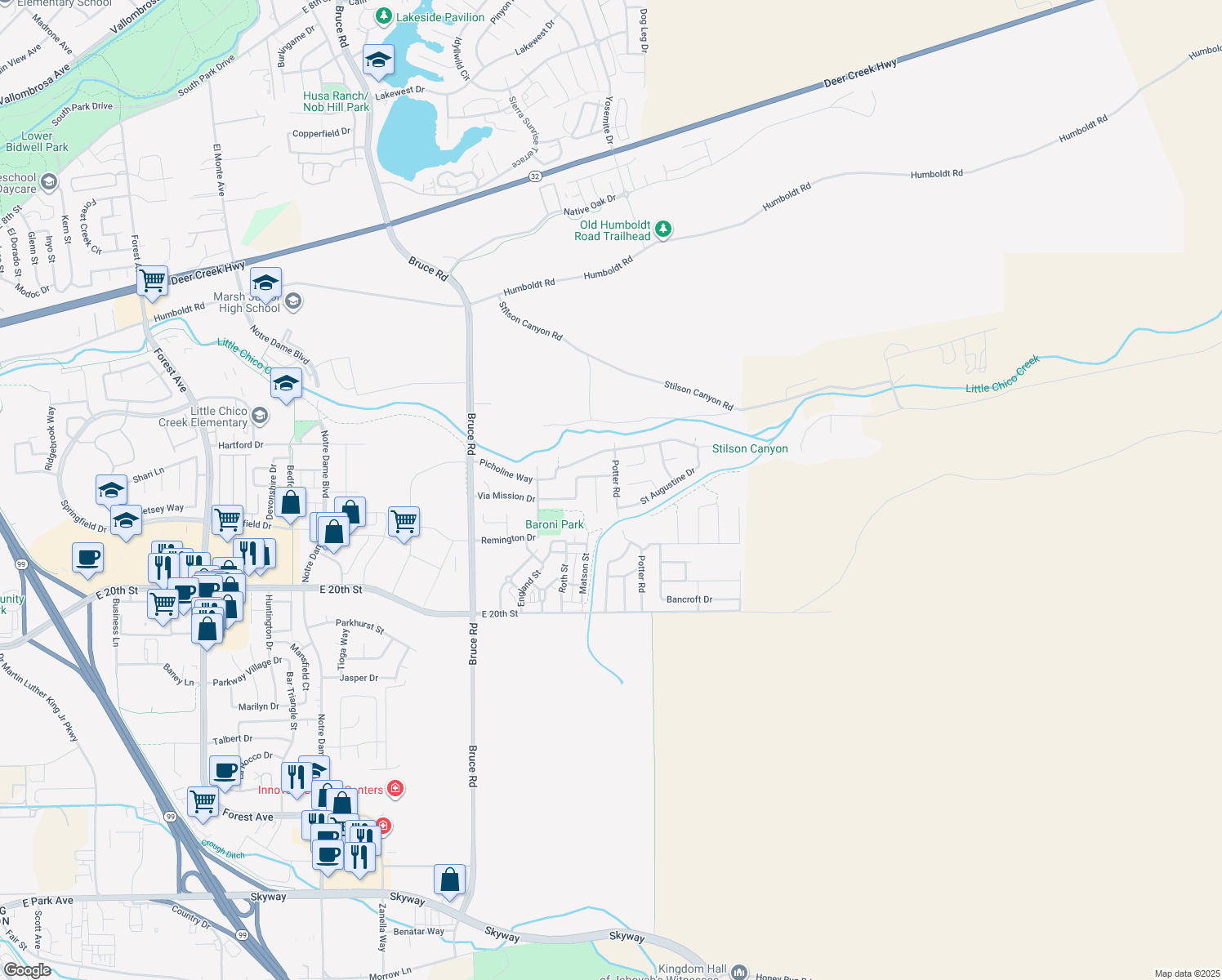map of restaurants, bars, coffee shops, grocery stores, and more near 1916 Potter Road in Chico