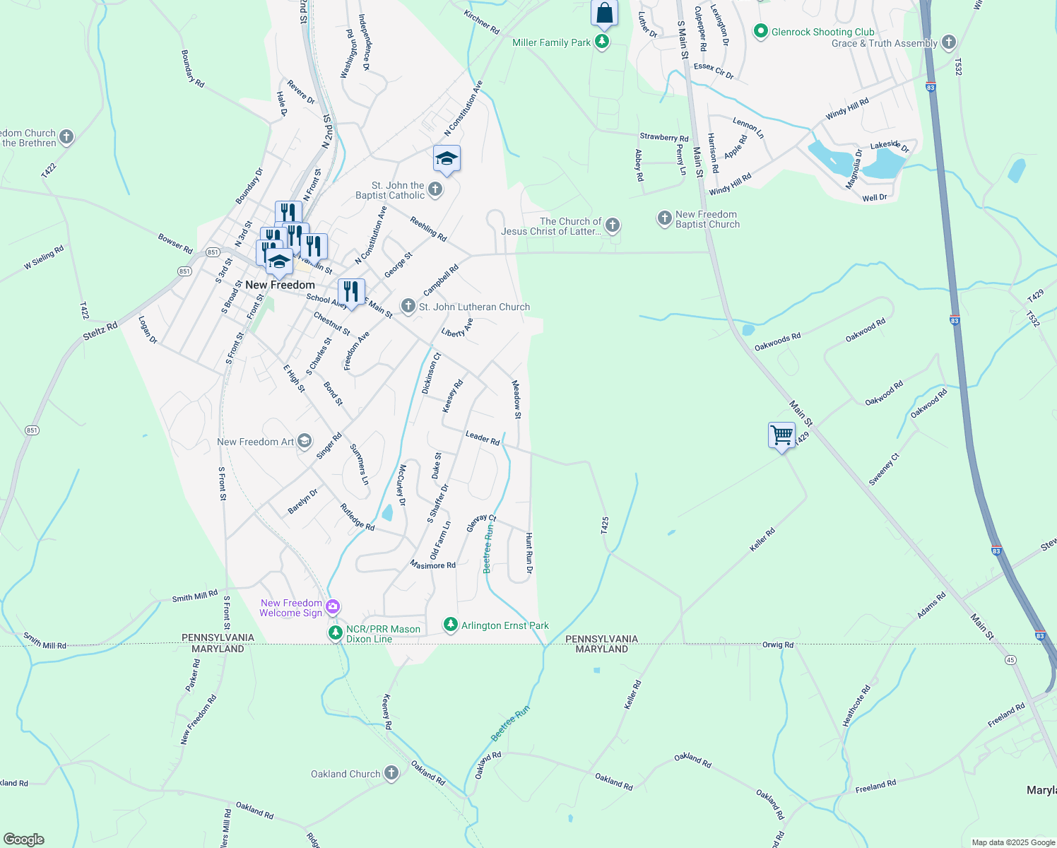 map of restaurants, bars, coffee shops, grocery stores, and more near 25 Meadow Street in New Freedom